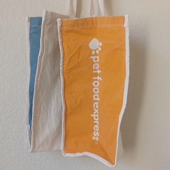 3/$25 Pet Food Express Canvas Tote Bag Cat & Dog Image, Off White Blue Orange - Picture 5 of 14